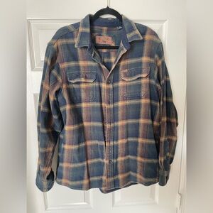 Orvis Shirt L Blue Yellow Plaid Heavy Flannel Outdoor Shacket Jacket Pockets
